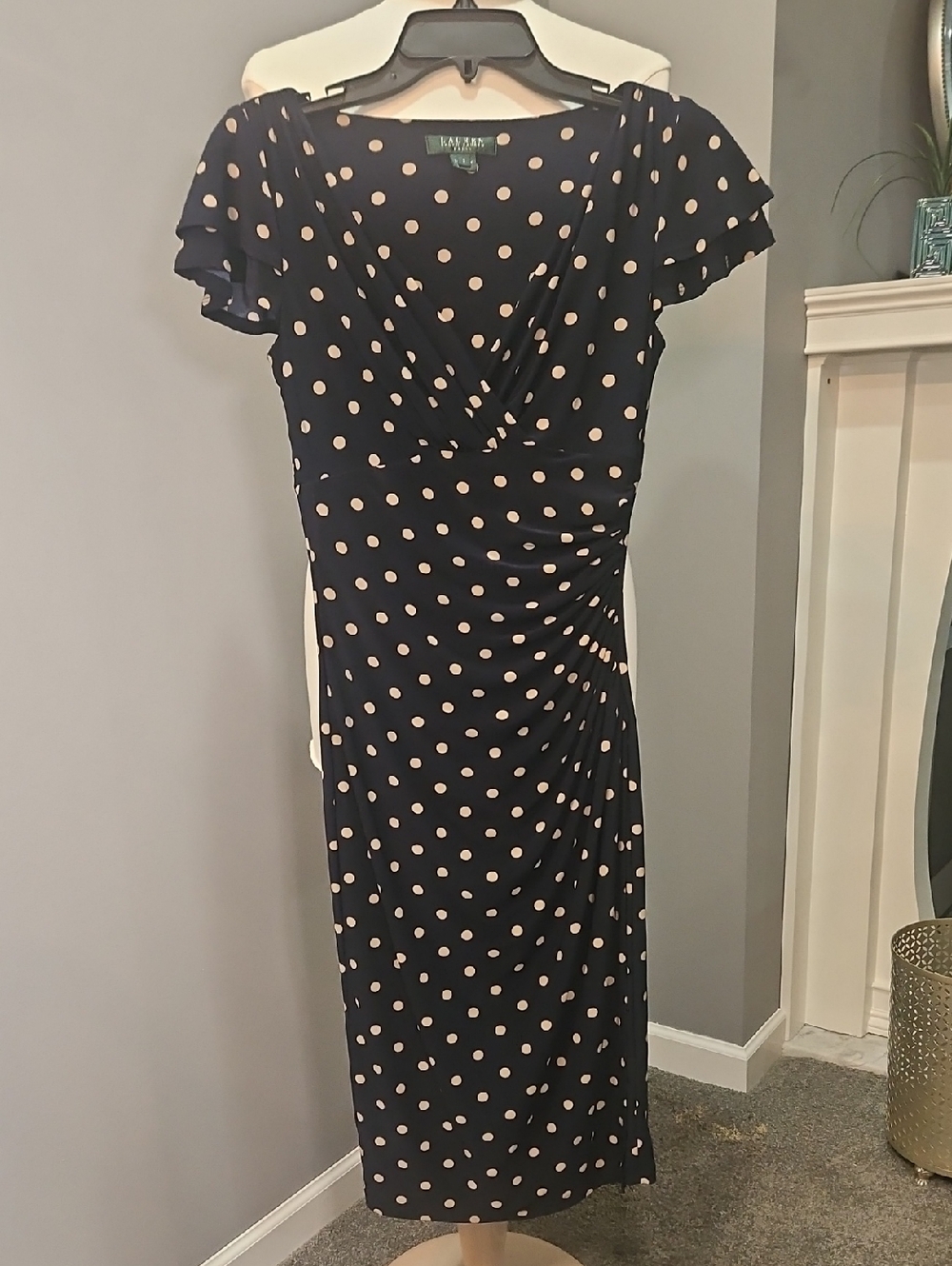 Lauren Ralph Lauren Navy Midi Dress with Beige Polka Dots